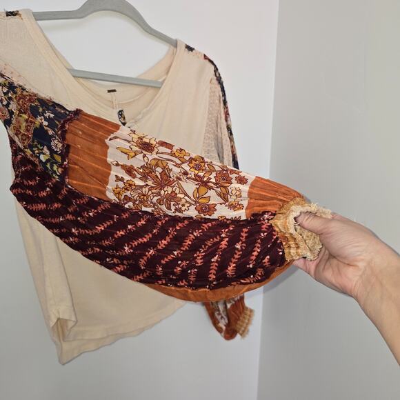 Free People Light Magic Henley Top Size XS Cream Combo Balloon Patchwork Sleeves - Picture 4 of 8